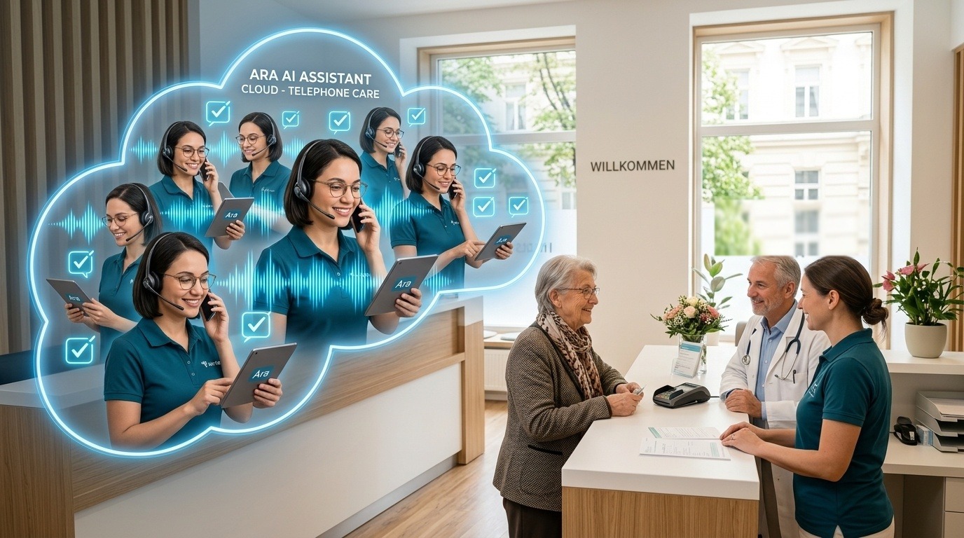 Das ARA-Med Multichannel-Prinzip: Bis zu 8 Ara-Telefonassistentinnen fangen parallele Anrufe in der Cloud ab, während das Team vor Ort in aller Ruhe für Patienten da ist