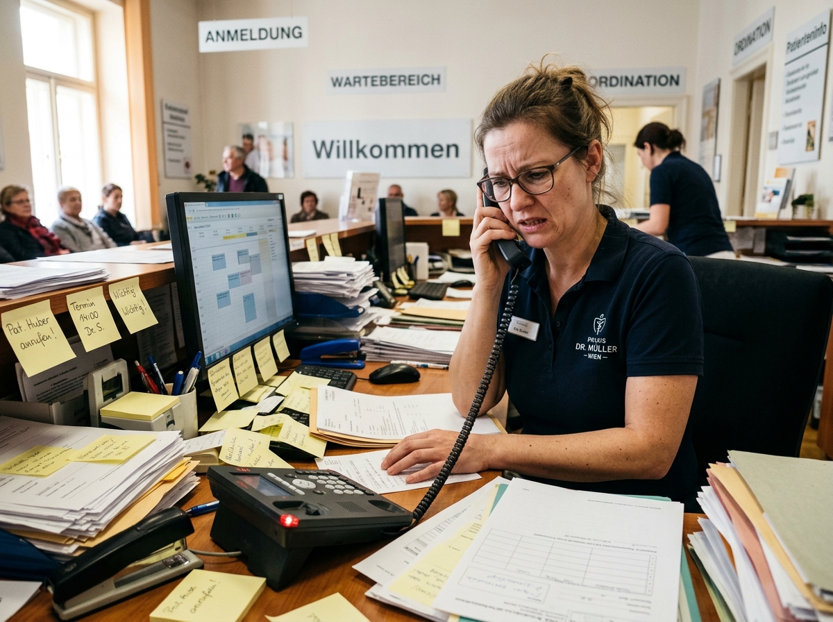 Überlastete Ordinationsassistentin mit Hörer am Ohr und Zettelbergen auf dem Tisch